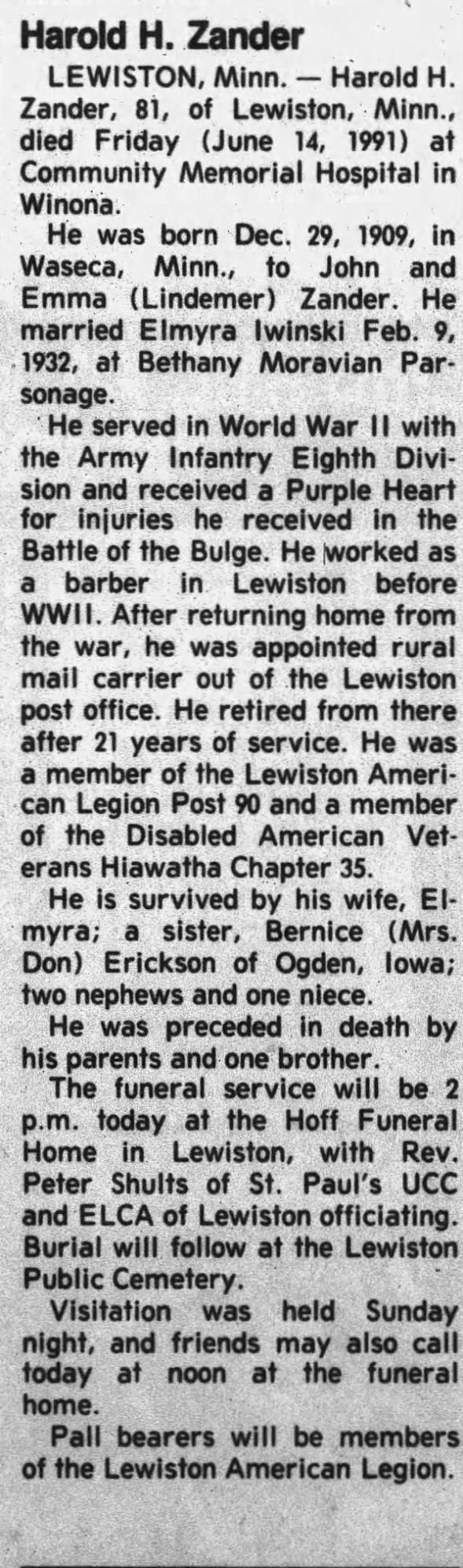 Obituary for Harold H. Zander, 1909-1991 (Aged 81)